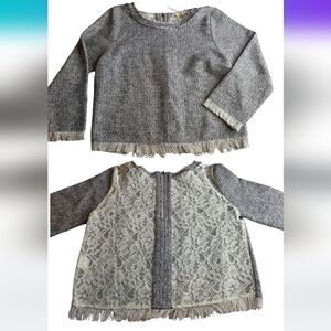 NWT Ryu Anthropologie L Wool Fringed Sweater Sheer Lace Back Gray 2033-BB